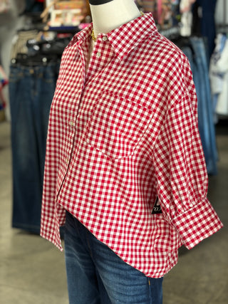 Gingham Puff Sleeve Ruffle Top