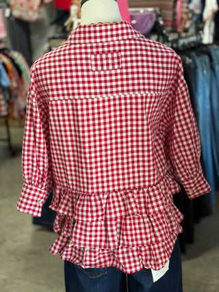 Gingham Puff Sleeve Ruffle Top