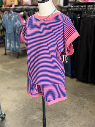 Striped Knit Top and Shorts Lounge Set