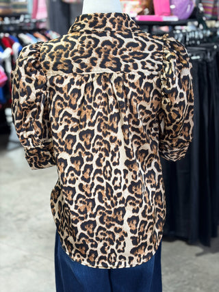 Leopard Puff Sleeve Satin Blouse