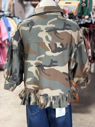 Camo Print Ruffle Hem Blouse