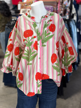 Stripe Flower Bubble Sleeve Blouse