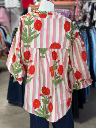 Stripe Flower Bubble Sleeve Blouse