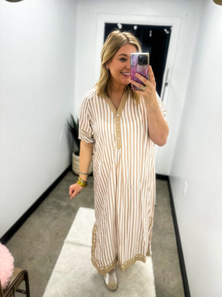 Sabrina’s Taupe Stripe Midi Dress