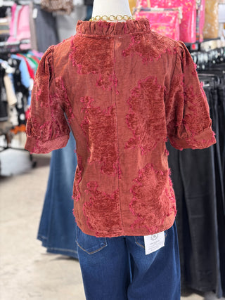 Ruffled Textured Velvet Top