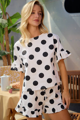 POLKA DOTS PRINTED RUFFLED DETAIL TOP AND SHORTS SET