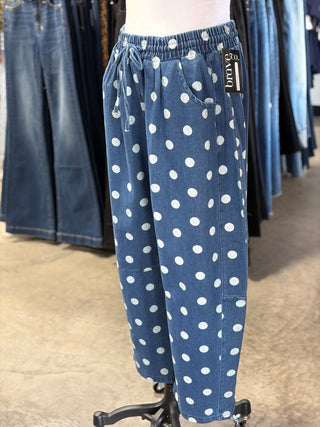 Polka Dot Denim Barrel Pants