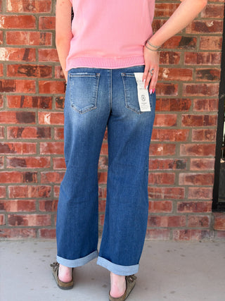 Mid Rise Barrel Double Roll Up Jeans