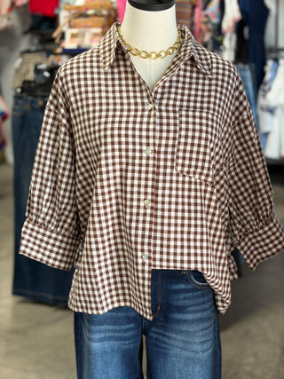 Gingham Puff Sleeve Ruffle Top