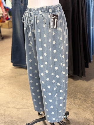 Polka Dot Denim Barrel Pants