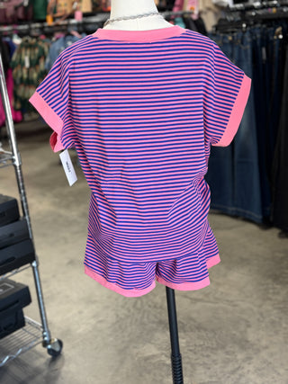 Striped Knit Top and Shorts Lounge Set