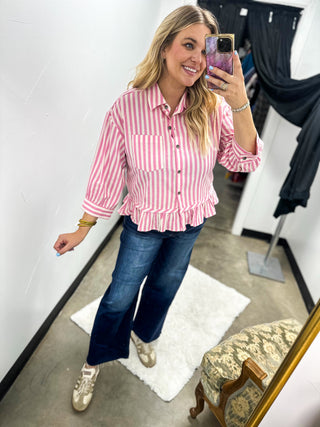 Laci's Striped Ruffle Button Down