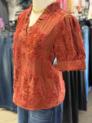 Ruffled Textured Velvet Top