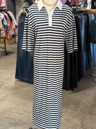 Casual Stripe Collared Midi Dress