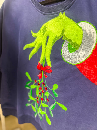 Navy Grinch Mistletoe Hand Sweatshirt