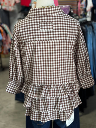 Gingham Puff Sleeve Ruffle Top