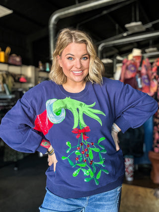 Navy Grinch Mistletoe Hand Sweatshirt