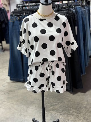 POLKA DOTS PRINTED RUFFLED DETAIL TOP AND SHORTS SET