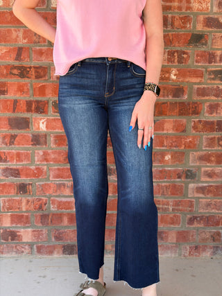 Mid Rise Crop Straight Clean Cut Hem Jeans