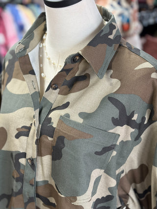 Camo Print Ruffle Hem Blouse