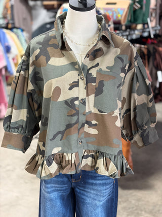 Camo Print Ruffle Hem Blouse