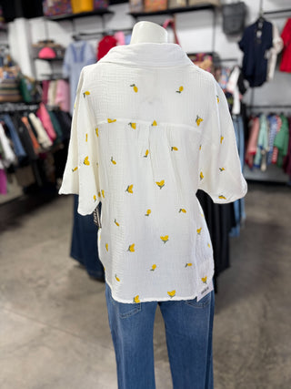 Lemon Embroidered Gauze Top