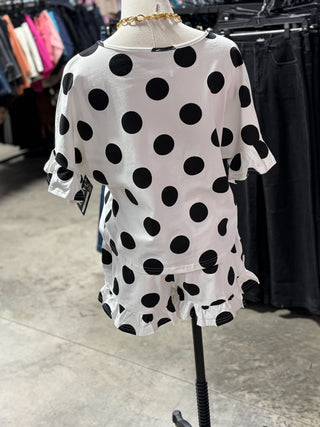 POLKA DOTS PRINTED RUFFLED DETAIL TOP AND SHORTS SET