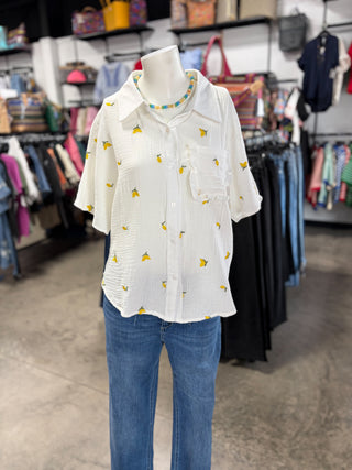 Lemon Embroidered Gauze Top