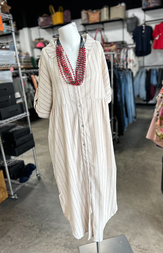 Striped Linen Midi Button Down Shirt Dress