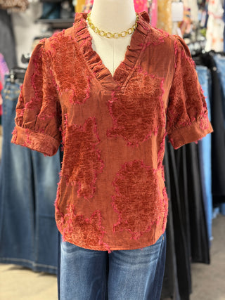 Ruffled Textured Velvet Top