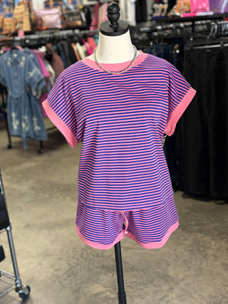 Striped Knit Top and Shorts Lounge Set