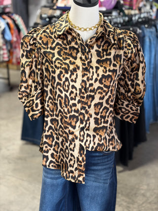 Leopard Puff Sleeve Satin Blouse