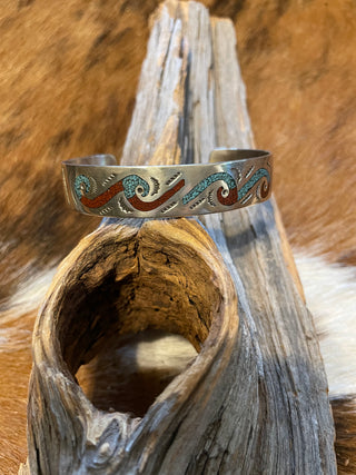 Turquoise and Coral Inlay Cuff