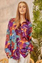 Mandarin Collar Sheer Floral Print Button Up Boxy Cut Top C3644
