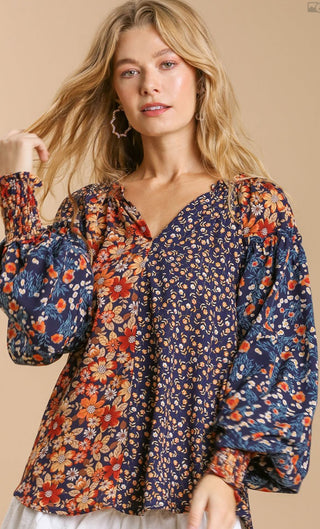 Mixed Flower Print Split Neck Top A0506