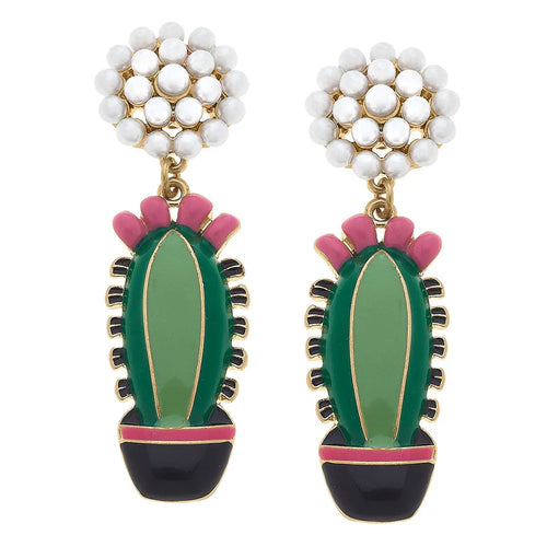 Enamel Cactus and Pearl Earrings