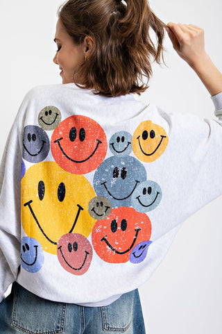 HAPPY FACE PRINTED TERRY PULLOVER