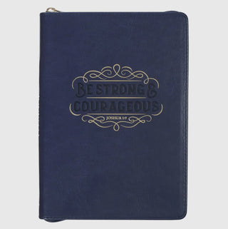 Be Strong And Courageous Blue Faux Leather Journal Zipper