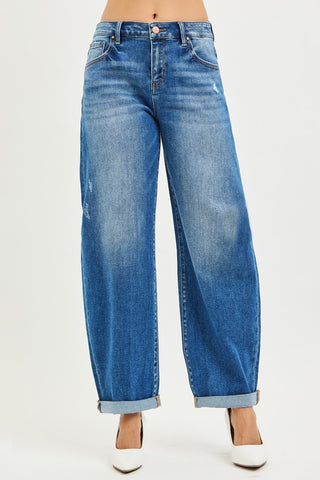 Mid Rise Barrel Double Roll Up Jeans