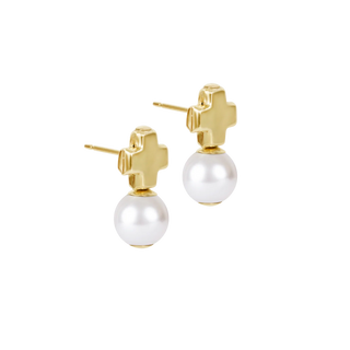 Signature Cross Small Gold Stud - Pearl