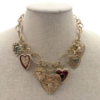 METAL MULTI HEART CHARM STATEMENT NECKLACE, N 675