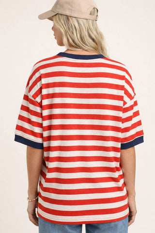 4th of July Red Stripe Tee with Denim Star Patch