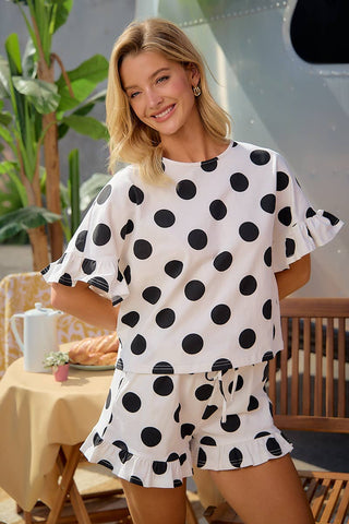 POLKA DOTS PRINTED RUFFLED DETAIL TOP AND SHORTS SET