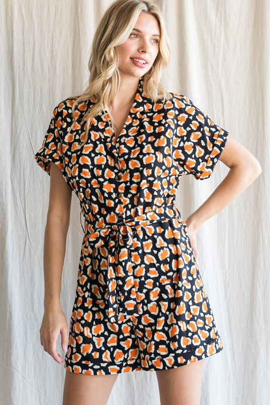 Print Collared Button-Up Romper