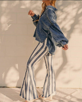 STRIPED FRINGED STRETCHY DENIM FLARES