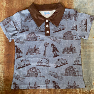 BOYS BLUE FARM PRINT POLO SHIRT