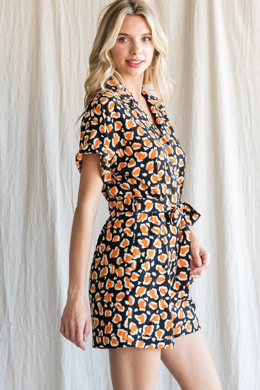 Print Collared Button-Up Romper