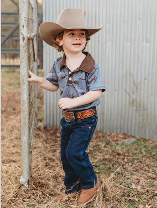 BOYS BLUE FARM PRINT POLO SHIRT