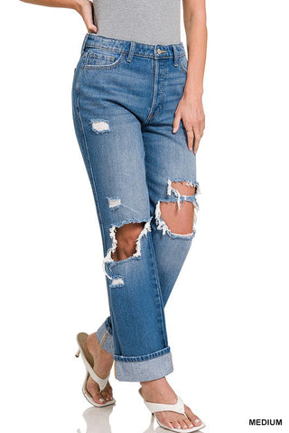 HIGH RISE CUFFD WIDE LEG DENIM PANTS